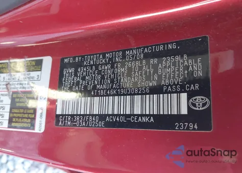 2009 Toyota Camry Le z USA, uszkodzony, nr VIN 4T1BE46K19U308256